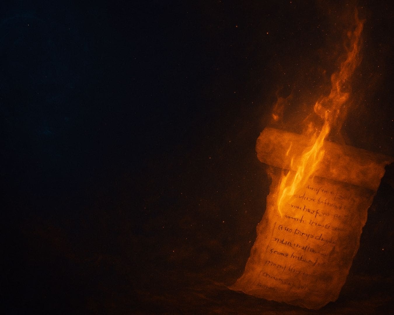 Ancient parchment scroll burning with golden flames against a dark background, symbolizing transformation, release, and past life healing for anxiety and fear of judgment.