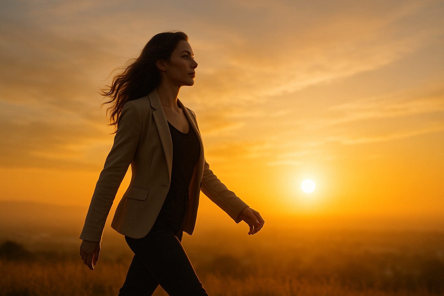 Female entrepreneur walking toward golden sunrise, symbolizing nervous system business reinvention and overflow. Feminine Leadership