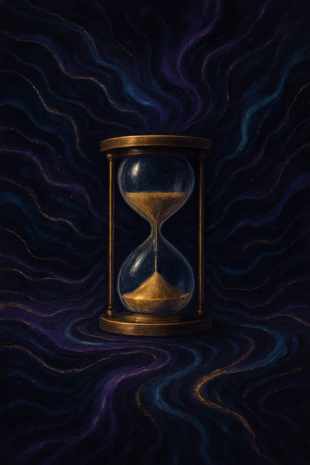 Abstract digital illustration of a glowing hourglass symbolizing procrastination, time pressure, and nervous system overwhelm in business.