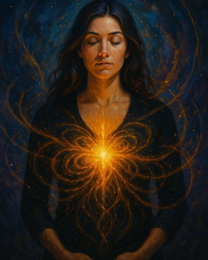 Cosmic digital artwork symbolizing alignment in business and nervous system regulation, showing golden energy radiating from the heart center of a calm woman.