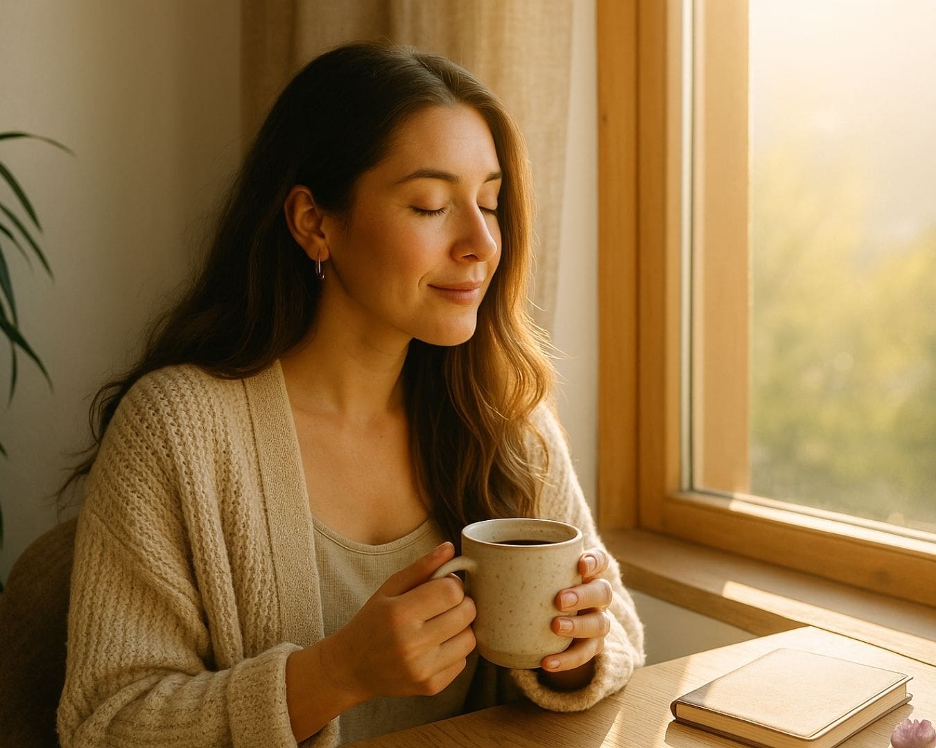 Peaceful spiritual woman sipping coffee by the window in golden morning light, symbolizing alignment, nervous system balance, and business clarity.